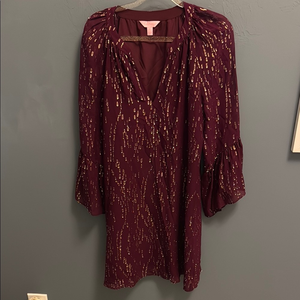 Lilly Pulitzer Small Matilda Silk Metallic Dress Fish Clip Chiffon Shiraz